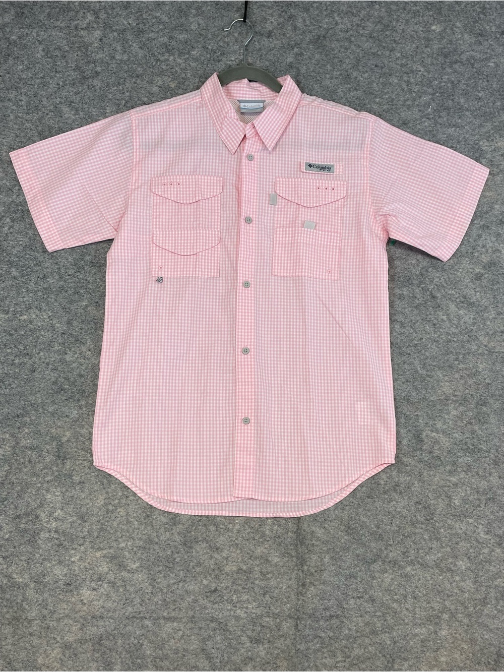 Columbia Mens Youth PFG Fishing Shirt Pink Gingham XL Outdoor Performance Casual